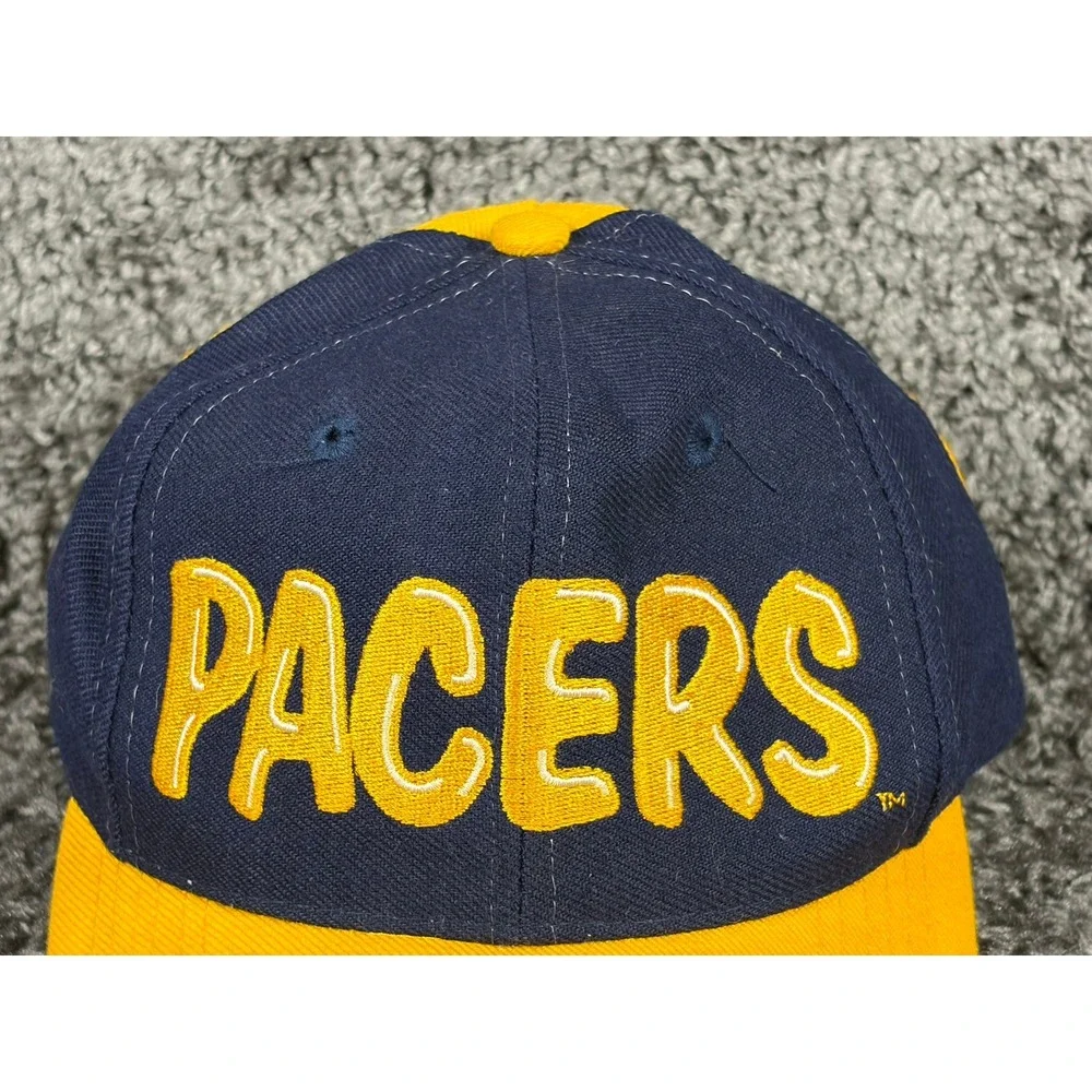 Vintage 90s Indiana Pacers Youth Snapback Hat AJD NBA Big Spellout Navy Yellow